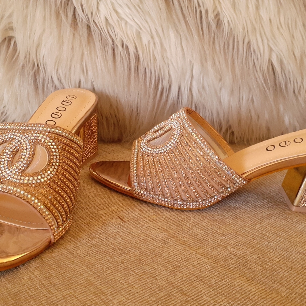 THERESA- Champagne Rhinestone Block Heel - Picture 2 of 5